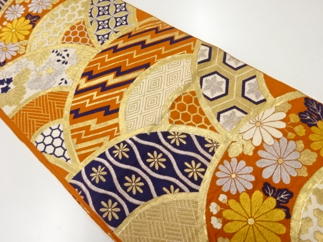 JAPANESE KIMONO / ANTIQUE FUKURO OBI / SILK / WOVEN SEIGAIHA & FLORAL CLASSICAL PATTERN